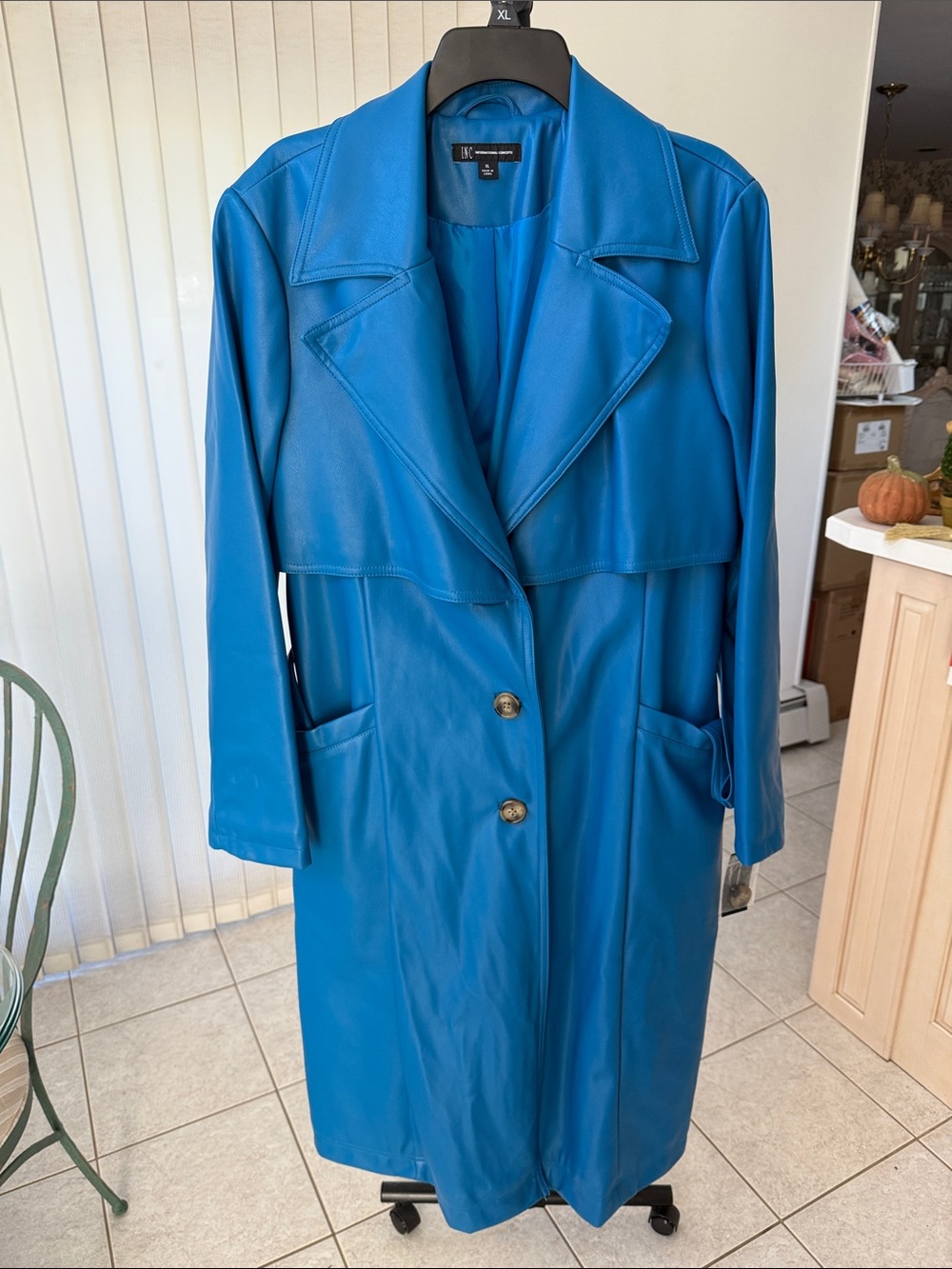 INC International Concepts Vibrant Blue Faux-Leather Trench Coat